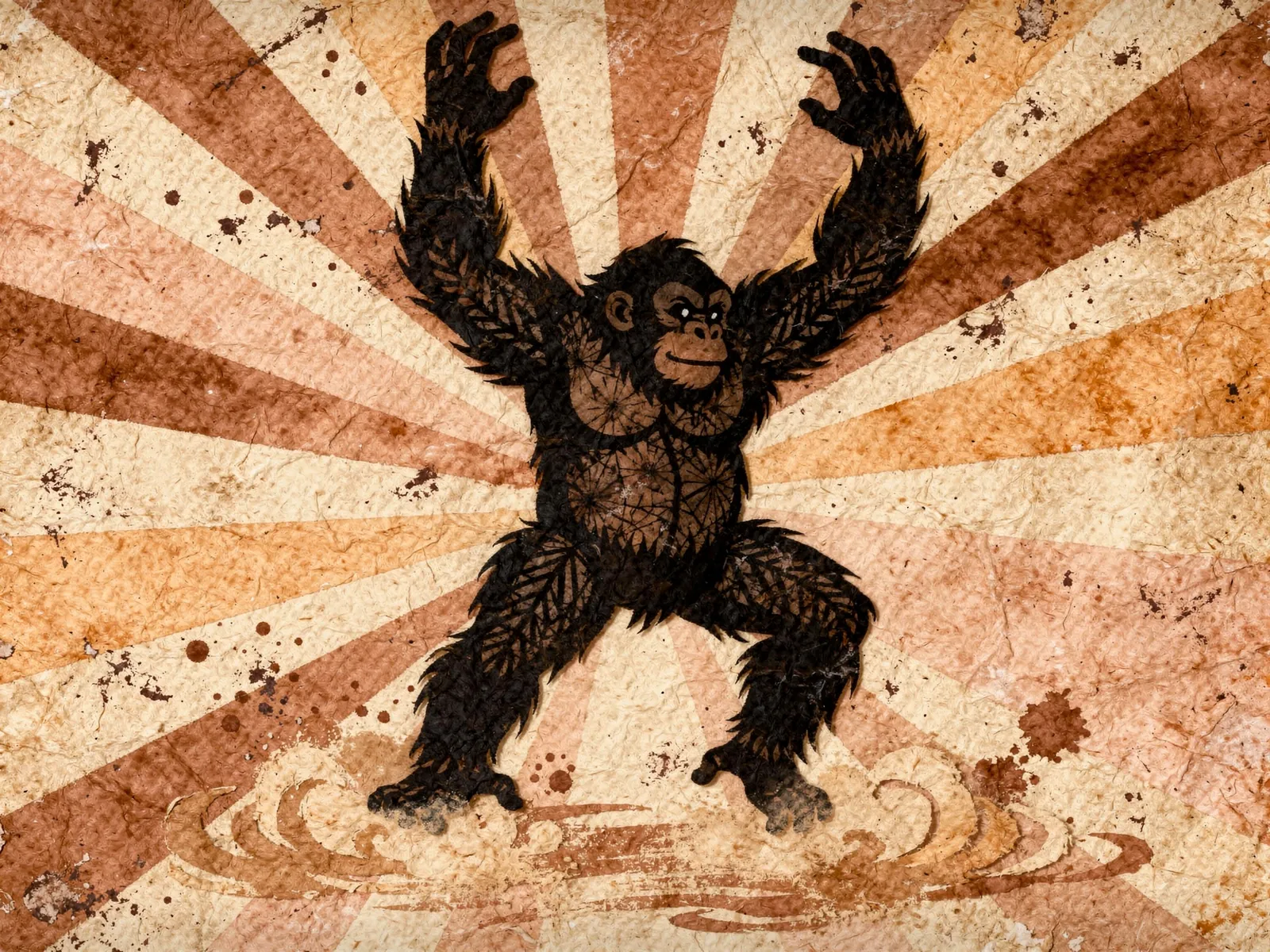 paper-cut ape dancing joyfully against a terracotta sunburst
