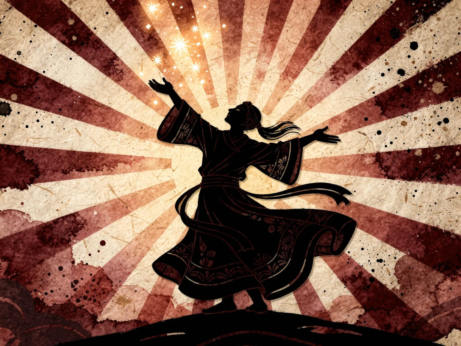 paper-cut human dancer whirling against a crimson sunburst